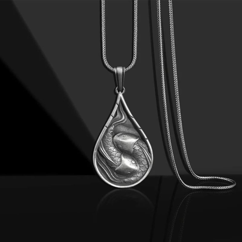 Buddha Stones Double Lucky Koi Fish Prosperity Pure Tin Water Drop Pattern Necklace Pendant Necklaces & Pendants BS Koi Fish Pendant&Keel Chain