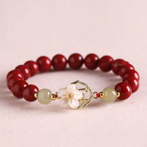 Buddha Stones Natural Cinnabar Jade Beaded Tridacna Stone Flower Blessing Bracelet Bracelet BS main