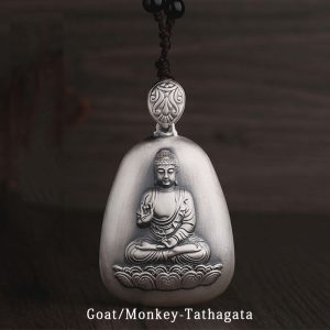 Buddha Stones 999 Sterling Silver Chinese Zodiac Natal Buddha Heart Sutra Engraved Protection Necklace Pendant Necklaces & Pendants BS Goat/Monkey-Tathagata