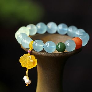 Buddha Stones Natural Aquamarine Amber Chinese Knotting Charm Peace Bracelet Bracelet BS Aquamarine