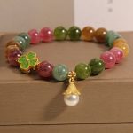 Buddha Stones Colorful Tourmaline Four Leaf Clover Flower Wisdom Bracelet Bracelet BS Tourmaline(Positive♥Love)(Wrist Circumference 14-16cm)