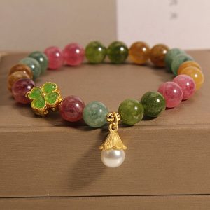 Buddha Stones Colorful Tourmaline Four Leaf Clover Flower Wisdom Bracelet Bracelet BS Tourmaline(Positive♥Love)(Wrist Circumference 14-16cm)