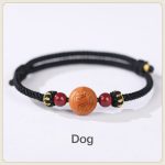 Buddha Stones Natural Peach Wood Chinese Zodiac Fu Character Carved Cinnabar Wealth Bracelet Bracelet BS Dog-Black(Wrist Circumference 14-22cm)