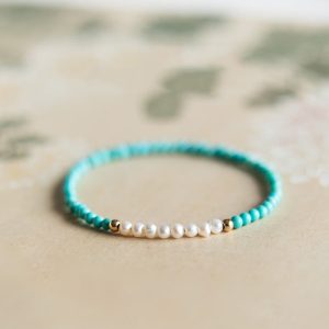Buddha Stones 925 Sterling Silver Natural Turquoise Pearl Beaded Bracelet Bracelet BS 18-19cm