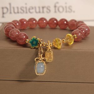 Buddha Stones Natural Strawberry Quartz Crystal Aquamarine Fortune Brand Love Bracelet Bracelet BS Strawberry Crystal  Aquamarine Fortune brand(Wrist Circumference: 14-16cm)