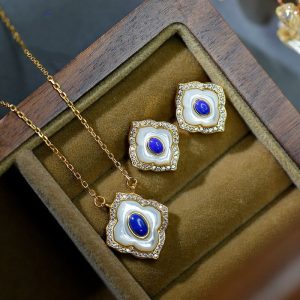 Buddha Stones 925 Sterling Silver Tridacna Stone Lazurite Prismatic Design Blessing Earrings Necklace Pendant Jewelry Set Bracelet Necklaces & Pendants BS 2Pcs(Necklace&Earrings)