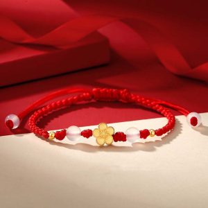 Buddha Stones Handmade 925 Sterling Silver Peach Blossom Cherry Sakura Chalcedony Bead Luck Red Rope Bracelet Bracelet BS 14-21cm