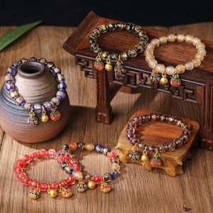 Buddha Stones Gold Swallowing Beast Family Charm Gold Silver Foil Liuli Glass Bead Blessings Bracelet Bracelet BS main