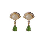 Buddha Stones White Jade Cyan Jade Fan Water Drop Pattern Luck Drop Earrings Earrings BS 7