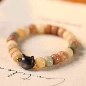 Buddha Stones Bodhi Seed Silver Sheen Obsidian Cat Head Om Mani Padme Hum Engraved Harmony Bracelet Bracelet BS Yellow Bodhi Seed(Wrist Circumference 14-16cm)
