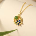 Buddha Stones 925 Sterling Silver Natural Hetian Cyan Jade Flower Luck Necklace Pendant Ring Earrings Set Bracelet Necklaces & Pendants BS 3