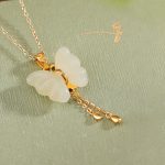 Buddha Stones 925 Sterling Silver Plated Gold Hetian White Jade Butterfly Blessing Necklace Pendant Necklaces & Pendants BS 4