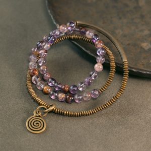 Buddha Stones Purple Phantom Red Hematoid Quartz Green Rutilated Quartz Copper Love Forgive Bracelet Bracelet BS Purple Phantom 17-17.5cm