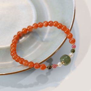 Buddha Stones Natural Red Agate Hetian Jade Bead Confidence Calm Bracelet Bracelet BS Red Agate(Wrist Circumference 14-16cm)
