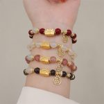 Buddha Stones Year Of The Dragon Red Agate Strawberry Quartz Black Obsidian Jade Garnet Pearl Cinnabar Dumpling Dragon Luck Fu Character Bracelet Bracelet BS 2