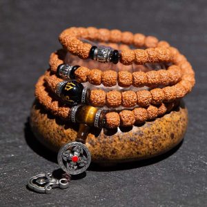 Tibet 108 Mala Beads Rudraksha Bodhi Seed Chinese Zodiac Natal Buddha Wealth Charm Bracelet Mala Bracelet BS Double Dorje 11x8mm