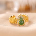 Buddha Stones 925 Sterling Silver Plated Gold Natural Hetian Cyan Jade Gourd Luck Bracelet Ring Set Bracelet Necklaces & Pendants BS 925 Sterling Silver Plated Gold Ring(Inner Perimeter 54-60mm Adjustable)