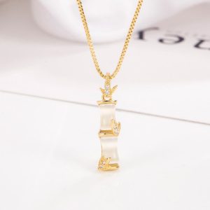 Buddha Stones Chalcedony Bamboo Pattern Harmony Necklace Pendant Necklaces & Pendants BS Gold