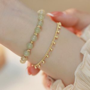 Buddha Stones 14K Gold Plated 2 Layers Hetian Jade Bead Luck Prosperity Bracelet Bracelet BS 2 Layers Hetian Jade Chain Bracelet