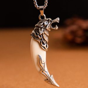 Buddha Stones Imitation Wolf Tooth Titanium Steel Balance Necklace Pendant Necklaces & Pendants BS White Imitation Wolf Tooth Snake Bone Chain