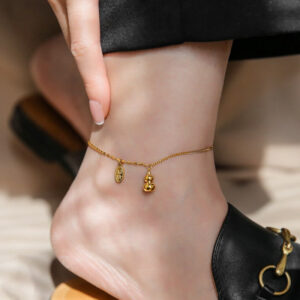 Buddha Stones 18k Gold Lucky Gourd Design Wealth Buckle Anklet Anklet BS 21-27cm