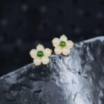 Buddha Stones White Jade Flower Luck Blessing Stud Earrings Earrings BS 1
