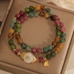 Buddha Stones Natural Multicolored Tourmaline Positive Jade Flower Double Wrap Bracelet Bracelet BS 5