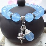 Buddha Stones Vintage Crystal Chalcedony Stone Energy Beaded Bell Charm Bracelet Bracelet BS Blue Chalcedony 10mm