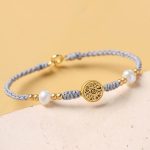 Buddha Stones Copper Coin Fortune Tree Pearl Luck Blue Rope Braided Bracelet Bracelet BS 19