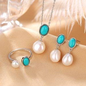 Buddha Stones 925 Sterling Silver Pearl Turquoise Healing Wisdom Necklace Pendant Ring Earrings Necklaces & Pendants BS Set (Necklace+Ring+Earrings)