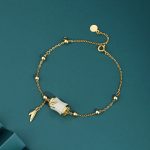 Buddha Stones 925 Sterling Silver 22K Gold Hetian White Jade Bamboo Leaf Luck Necklace Pendant Bracelet Bracelet Necklaces & Pendants BS 925 Sterling Silver 22K Gold Bracelet