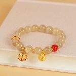 Buddha Stones Natural Golden Rutilated Quartz Fu Character Charm Bell Wealth Bracelet Bracelet BS 5