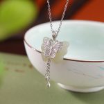 Buddha Stones 925 Sterling Silver Plated Gold Hetian White Jade Butterfly Blessing Necklace Pendant Necklaces & Pendants BS 9