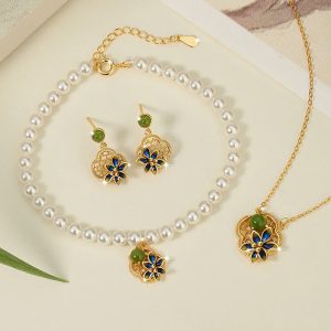 Buddha Stones 925 Sterling Silver Four Leaf Clover Flower Hetian Cyan Jade Pearl Healing Necklace Pendant Bracelet Earrings Set Bracelet Necklaces & Pendants BS 3Pcs(Necklace Bracelet&Earrings)