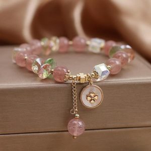 Buddha Stones Strawberry Quartz Lucky Four Leaf Clover Healing Charm Bracelet Bracelet BS Strawberry Quartz(Love♥Healing)(Wrist Circumference 15-17cm)