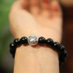 Buddha Stones 925 Sterling Silver Black Onyx Bead Character Engraved Protection Bracelet Bracelet BS 1