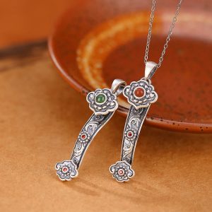 Buddha Stones 925 Sterling Silver Red Agate Cyan Jade Auspicious Clouds Ruyi Handle Blessing Necklace Pendant Necklaces & Pendants BS main