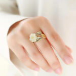 Buddha Stones 925 Silver Plated Copper White Jade Plum Flower Leaf Luck Ring Rings BS 2