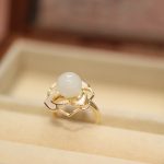 Buddha Stones 925 Sterling Silver Plated Gold Posts Hetian White Jade Tridacna Stone Camellia Flower Luck Necklace Pendant Ring Earrings Bracelet Necklaces & Pendants BS Ring