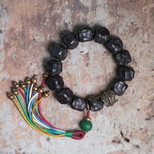Buddha Stones Tibet Ebony Wood Copper Peace Tassel Wrist Mala Bracelet Wrist Mala BS 18cm