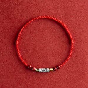 Buddha Stones 925 Sterling Silver Koi Fish Cinnabar Bead Wealth Handcrafted Braided Bracelet Anklet Bracelet Anklet BS Anklet(Circumference 17-30cm) Red Rope