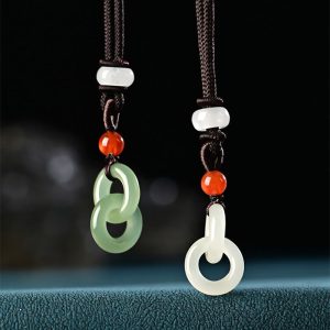 Buddha Stones Natural Hetian Cyan Jade White Jade Double Peace Buckle Success Necklace Pendant Necklaces & Pendants BS Hetian Cyan Jade&Hetian White Jade