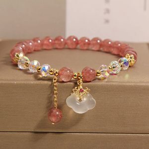 Buddha Stones Natural Strawberry Quartz Crystal White Agate Auspicious Cloud Healing Bracelet Bracelet BS Strawberry Quartz(Wrist Circumference 14-16cm)