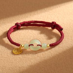 Buddha Stones 925 Sterling Silver Hetian Jade Peace Buckle Fu Character Charm Abundance Bracelet Bracelet BS Red Rope(Wrist Circumference 14-16cm)