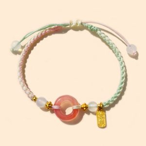 Buddha Stones Peace And Joy Agate Peace Buckle Auspicious Handmade Braided Bracelet Bracelet BS Green Pink Peace Buckle(Wrist Circumference 14-19cm)