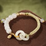 Buddha Stones Natural Hetian Jade Bead Double Peace Buckle Fu Character Abundance Braided Bracelet Bracelet BS 15mm Double Peace Buckle(Wrist Circumference 14-17cm)
