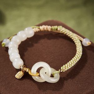 Buddha Stones Natural Hetian Jade Bead Double Peace Buckle Fu Character Abundance Braided Bracelet Bracelet BS 15mm Double Peace Buckle(Wrist Circumference 14-17cm)