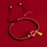 Buddha Stones Natural Cinnabar Peace Buckle Fu Character Charm Blessing Braided Bracelet Bracelet BS 2