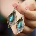 Buddha Stones 925 Sterling Silver Turquoise Bodhi Leaf Pattern Protection Drop Dangle Earrings Earrings BS 2