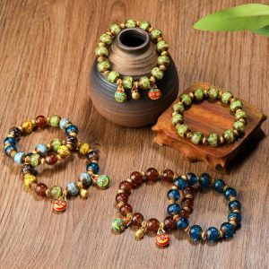 Buddha Stones Gold Swallowing Beast Family Charm Liuli Glass Bead Fortune Bracelet Bracelet BS main